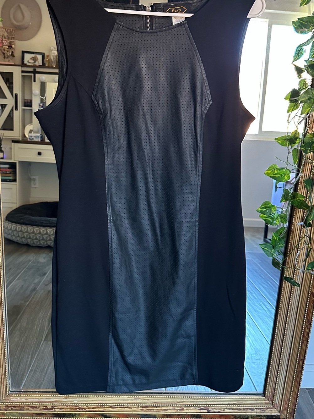 Sleeveless Black Faux-Leather Panel Mini Dress